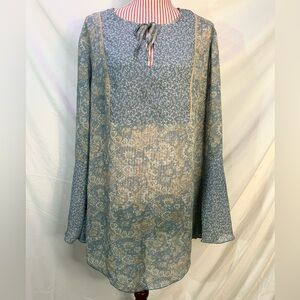 Venezia Sheer Blue Paisley Oversized Boho Tunic Coverup Bell Sleeves Size 18/20